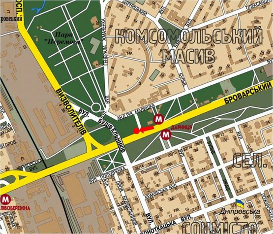 Схема рекламної площини за адресою Броварской пр., поворот на Малышка ул., в сторону ст. м. "Левобережная"