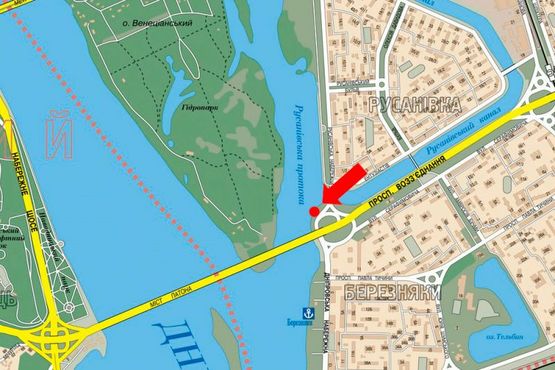 Схема рекламной плоскости по адресу Соборности пр. (бывш. Воссоединения пр.) / Русановская набережная, развязка, в сторону Днепровская Набережная