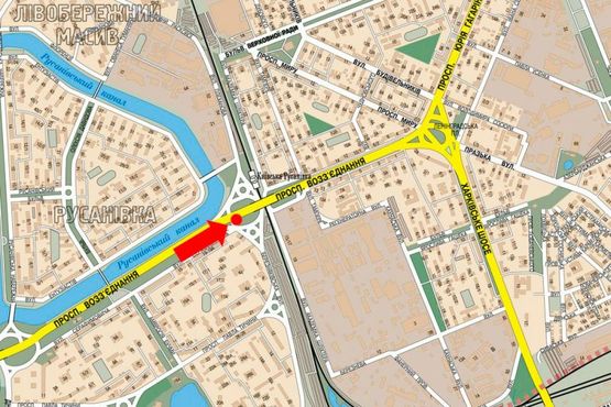 Схема рекламной плоскости по адресу Соборности пр. (бывш. Воссоединения пр.) / Березняковская ул., мост, перед АЗС "Окко", в сторону Дарницкая пл. (бывш. Ленинградская пл.)