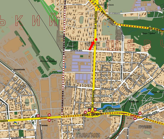 Схема рекламної площини за адресою Щербаковского ул. (бывш. Щербакова ул.), 60, возле кинотеатра "Нивки", напротив рынок "Нивки", в сторону Интернациональная пл.