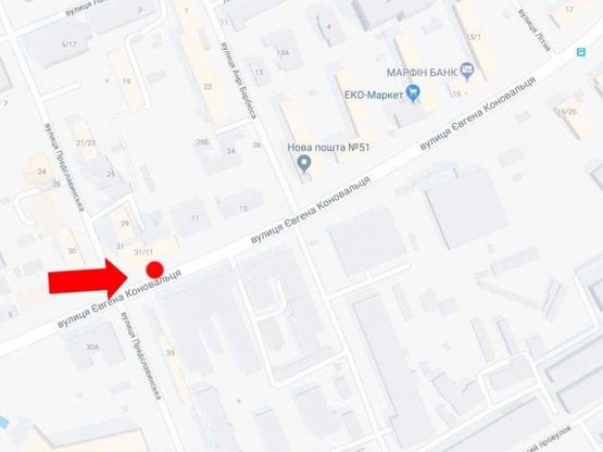 Схема рекламной плоскости по адресу Коновальца ул. (бывш. Щорса ул.) / Предславинская ул., на светофоре, в сторону Украинки бул.