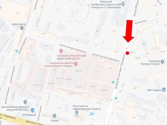 Схема рекламної площини за адресою Черновола ул., 33 / ул. Андрющенко, в сторону Воздухофлотского моста, пр. Победы