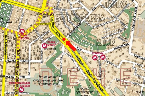 Схема рекламної площини за адресою Бассейная ул., 23 / Шелковичная ул. / Мечникова ул., разделитель, напротив ТЦ "Гулливер", в сторону Бессарабская пл.