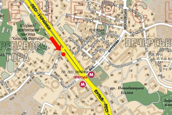 Схема рекламної площини за адресою Украинки бул., 24-Б / Новогоспитальная ул. (бывш. Щорса пер.), в сторону ст. м. "Печерская"