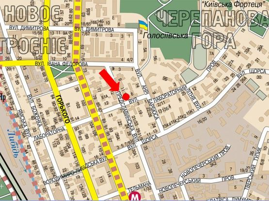 Схема рекламной плоскости по адресу Предславинская ул. / Лабораторная ул., возле роддома №7, Лингвистического Университета (Иняза), в сторону Коновальца ул. (бывш. Щорса ул.)