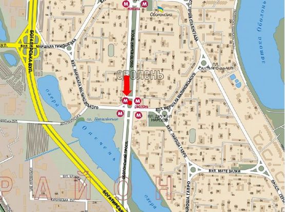 Схема рекламной плоскости по адресу Оболонский пр. / Малиновского ул., разделитель, ст. м. "Оболонь", в сторону Петровки, левая