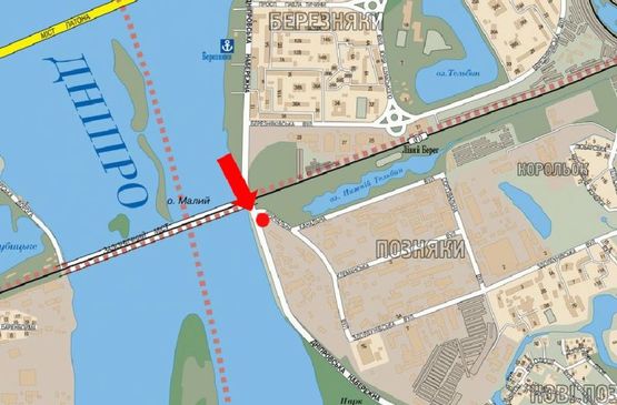 Схема рекламной плоскости по адресу Днепровская Набережная / Причальная ул. / мост Дарницкий, в сторону Бажана пр.