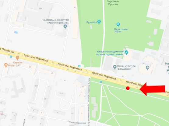 Схема рекламної площини за адресою Победы пр., напротив Медуниверситета им. Богомольца, в сторону ст. м. «Шулявская», из центра