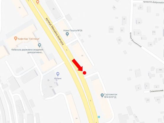 Схема рекламної площини за адресою Бойчука ул. (бывш. Киквидзе ул.), 33, из центра Схема рекламної площини за адресою Бойчука ул. (бывш. Киквидзе ул.), 33, из центра