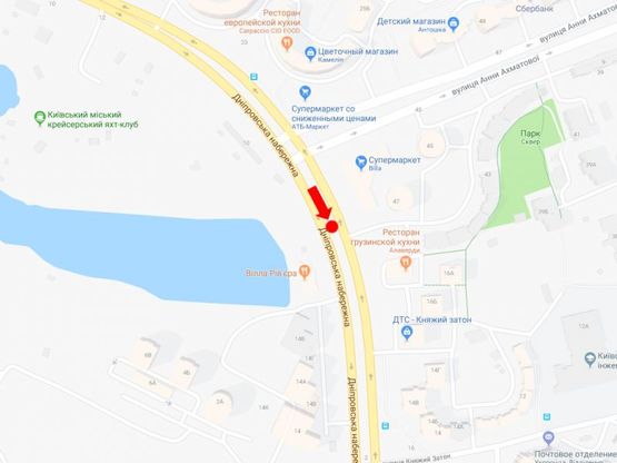 Схема рекламной плоскости по адресу Днепровская набережная ул., 49 - ул. Ахматовой, раделитель, возле ТРЦ "River Mall", светофор, в сторону пр. Бажана