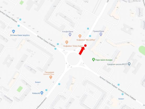 Схема рекламної площини за адресою Маяковского пр., 38/10 - ул. Лифаря (бывш. ул. Сабурова), в сторону ул. Цветаевой, из центра