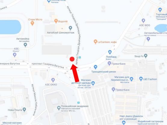 Схема рекламної площини за адресою Ватутина пр. - ул. Драйзера, на светофоре, возле рынка "Троещина", в сторону ул. Маяковского, ст.м. "Почайна"