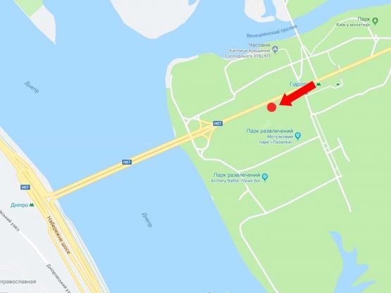 Схема рекламної площини за адресою Броварской пр., перед мостом метро, 300 м ст. м. "Гидропарк", в центр