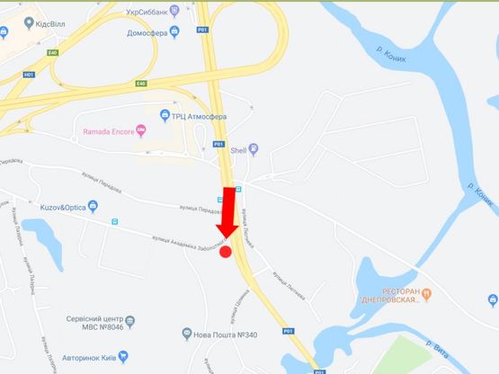 Схема рекламної площини за адресою Столичное шосе / ул. Заболотного, поворот на авторынок, из центра