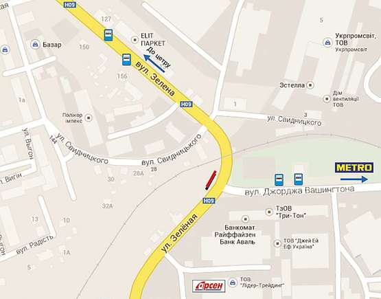 Схема рекламної площини за адресою Зелена - вул. Дж. Вашінгтона,  верхній