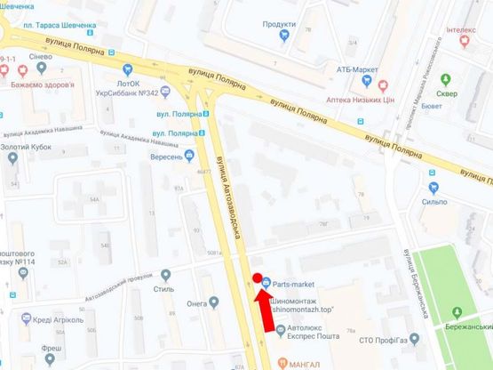 Схема рекламной плоскости по адресу Автозаводская ул., 89а - пер. Автозаводской, на светофоре, в сторону ул. Полярная, из центра