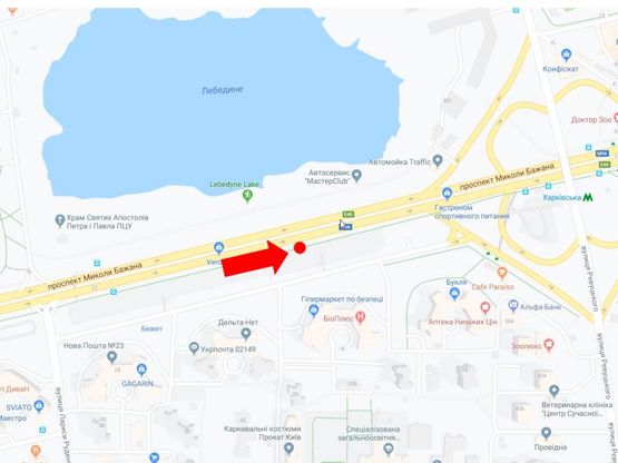 Схема рекламной плоскости по адресу Бажана пр., 30, в сторону ст.м. "Харьковская", из центра