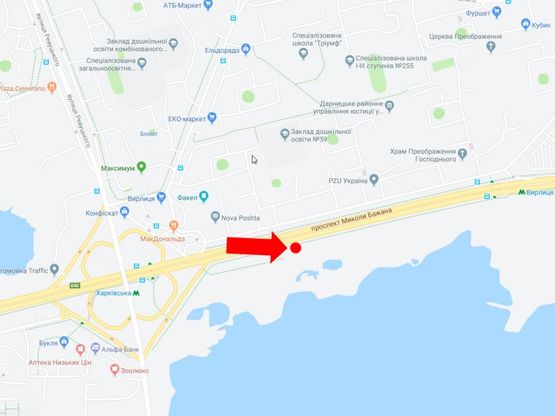 Схема рекламної площини за адресою Бажана пр., 7 напротив, в сторону ст.м. "Вырлица", из центра