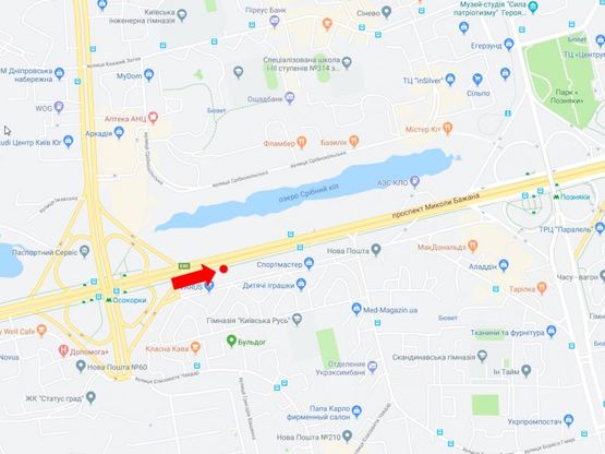 Схема рекламної площини за адресою Бажана пр. 12, ст. м. "Осокорки", возле супермаркета "Varus", в сторону ст.м. "Позняки", из центра