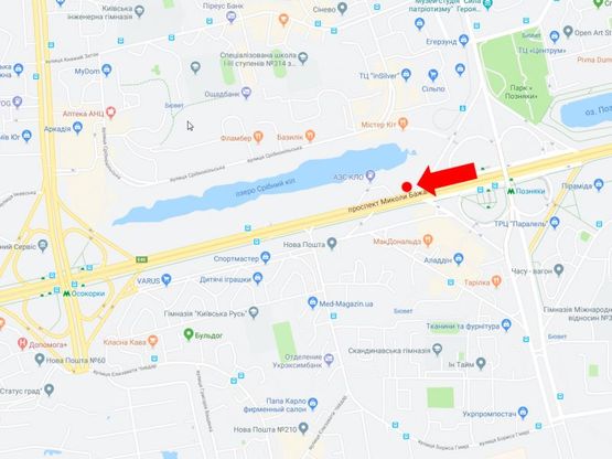 Схема рекламної площини за адресою Бажана пр. - пр. Григоренко, ст. м. "Позняки", возле АЗС "Кло", напротив McDonald's, в центр