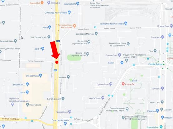 Схема рекламної площини за адресою Богатырская ул, 22-А, разделитель, напротив супермаркетов "Эпицентр", "Сильпо", в сторону ст.м. "Почайна"