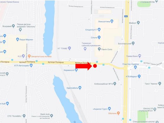 Схема рекламної площини за адресою Полярная ул. 16 - напротив заезда в супермаркеты "Эпицентр", "Сильпо", в сторону ул. Богатырской Схема рекламної площини за адресою Полярная ул. 16 - напротив заезда в супермаркеты "Эпицентр", "Сильпо", в сторону ул. Богатырской