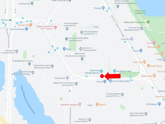 Схема рекламной плоскости по адресу Архипенко ул. (бывш. М. Залки), напротив супермаркета "Сильпо", в сторону ст.м. "Оболонь"