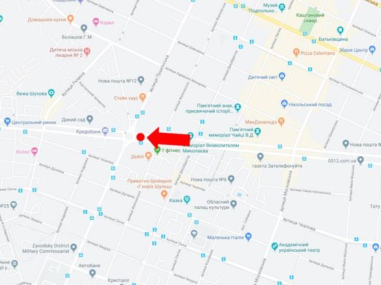 Схема рекламной плоскости по адресу Центральный пр. (бывш. Ленина пр.) / Пушкинская ул., разделитель, возле супермаркета "Эльдорадо", в сторону порта