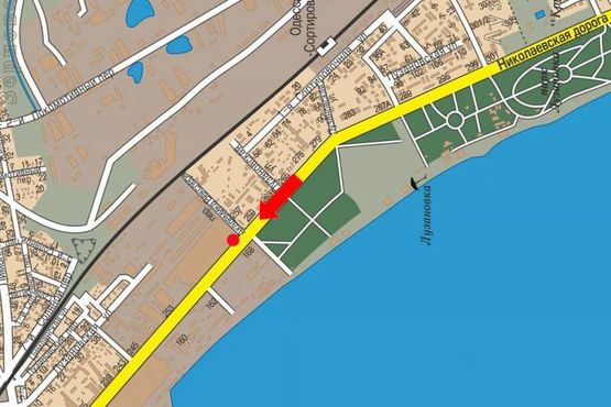 Схема рекламной плоскости по адресу Николаевская дорога, 259, возле комплекса отдыха "Дом Павловых", в центр (флажок)