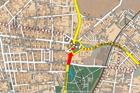 Схема рекламної площини за адресою Балковская ул. 54 / Грушевского ул., разделитель, к мосту, заправка "Катрал", в сторону Грушевского ул., левый