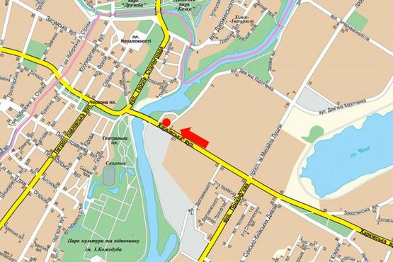 Схема рекламної площини за адресою Харьковская ул., 1 / Сирко ул. (бывш. Коротченко ул.), возле ТРЦ "Мануфактура", супермаркетов "Сильпо", "Comfy", в центр
