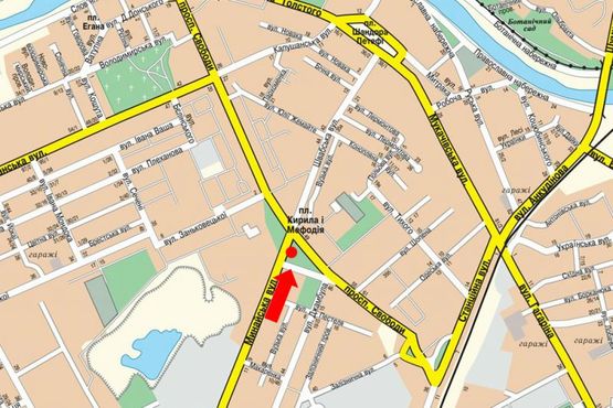 Схема рекламной плоскости по адресу Минайская ул. - пр. Свободы, пл. Кирилла и Мефодия, возле отеля "Закарпаття", на светофоре, в центр