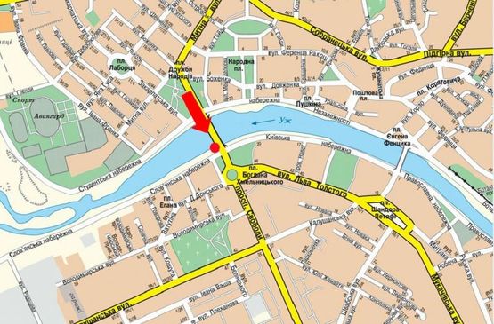 Схема рекламной плоскости по адресу Хмельницкого пл. / Славянская набережная, выезд с моста на площадь