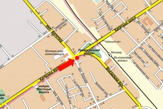 Схема рекламной плоскости по адресу Киевская ул. /Петлюры ул. (бывш. ул. Бородия), возле автовокзала, на светофоре, из центра
