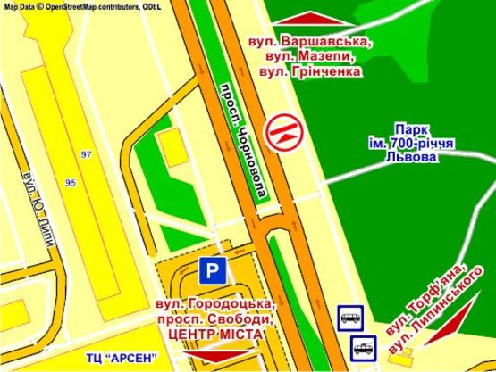 Схема рекламної площини за адресою пр. Чорновола, навпроти буд 95, призма 2 Схема рекламної площини за адресою пр. Чорновола, навпроти буд 95, призма 2
