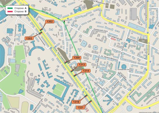 Схема рекламної площини за адресою Леси Украинки бул, между ул. Госпитальная и пер. Щорса Схема рекламної площини за адресою Леси Украинки бул, между ул. Госпитальная и пер. Щорса