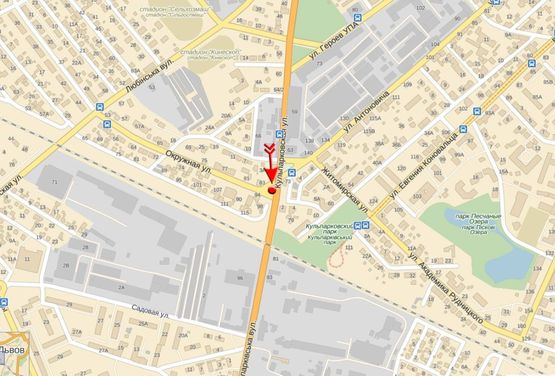 Схема рекламної площини за адресою Кульпарковская ул / Окружная ул / Антоновича ул, из центра