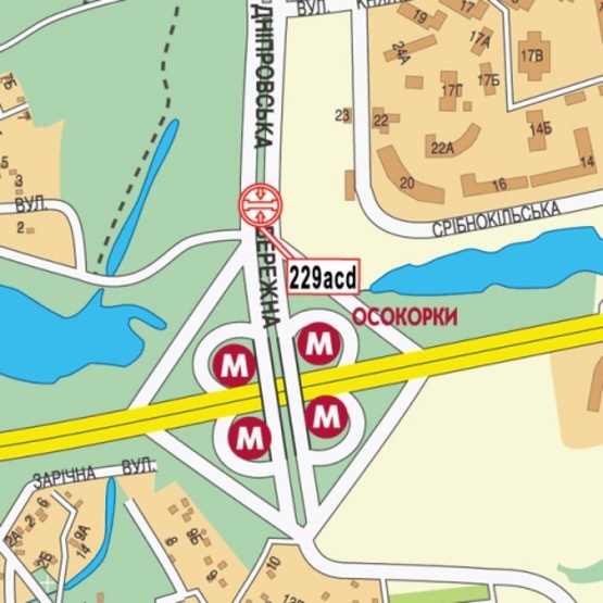 Схема рекламной плоскости по адресу Днепровская набережная (100 м от ст. м.  Осокорки, ТЦ "Аркадия", "Евробазар", АЗС"WOG," Автосалон Audi, в направлении Железнодорожного моста), призма