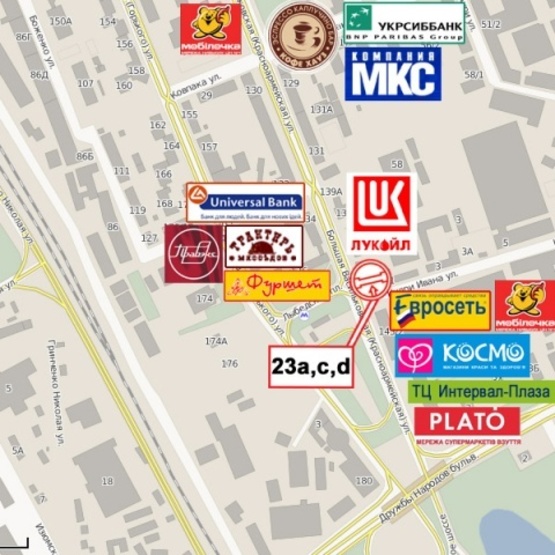 Схема рекламной плоскости по адресу Красноармейская ул., 141 (фасад) ст. м. Лыбедская, ТЦ "Интервал Плаза", АЗС "Лукойл", напротив ТРЦ "Ocean Plaza", направ. в ценрт города)