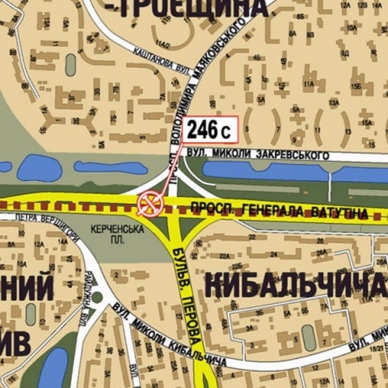 Схема рекламної площини за адресою Ватутина Ген. просп., 22 - бул. Перова (на разделителе, АЗС "WOG", Moto GP салон, направ. Московского моста)