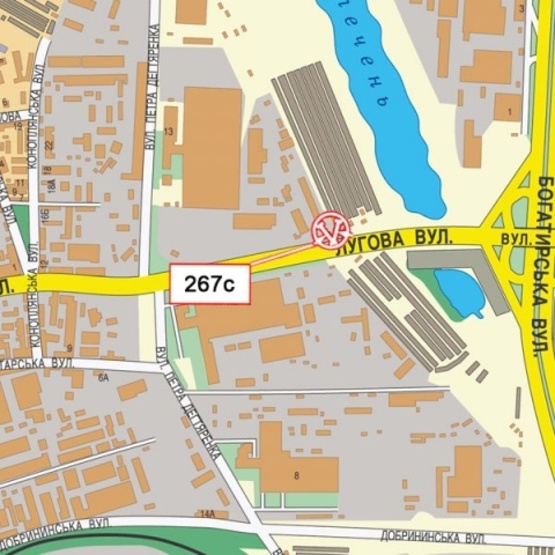 Схема рекламной плоскости по адресу Луговая ул., 13 напротив ТЦ "Караван", АЗС "Золотой гепард", АЗС "Socar", по направлению Оболони), призма