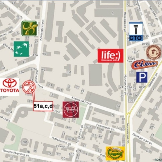 Схема рекламної площини за адресою Кловский спуск, 14, (Правекс Банк, Укртрансгаз, "Bereznitsky Gallery", UniCredit банк, мото "Biker Store"), в направ. ул. Институтской,  призма