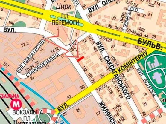 Схема рекламной плоскости по адресу Жилянская ул.142/ ул.Старовокзальна светофор