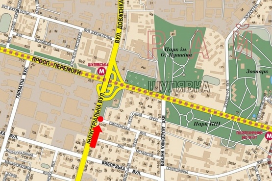 Схема рекламной плоскости по адресу Вадима Гетьмана ул. (бывшая Индустриальная ул.) - пр-т Победы, напротив ТЦ "Большевик", перед мостом