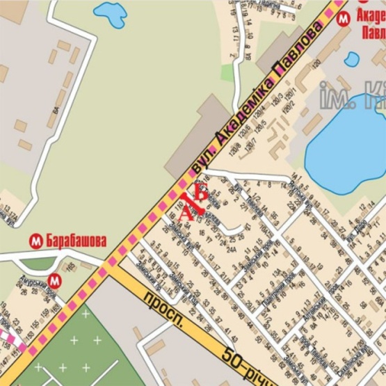 Схема рекламной плоскости по адресу Павлова Ак. ул., 112, (на светофоре), (ТЦ "Барабашово", шиномонтаж, 300м. к ст. м .Академика Барабашова, Дисконт-Центр Adidas/Reebok), направл. из центра