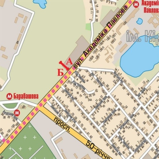 Схема рекламной плоскости по адресу Павлова Ак. ул. - Якутская ул., (ТЦ "Барабашово", шиномонтаж, 300м. к ст. м .Академика Барабашова, Дисконт-Центр Adidas/Reebok), направл. в центр
