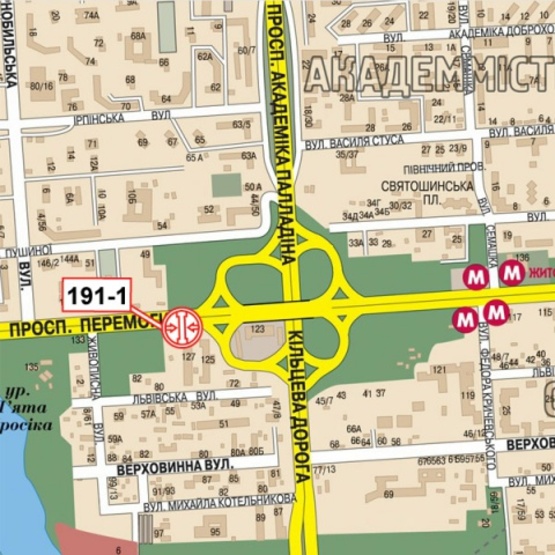 Схема рекламної площини за адресою Победы просп./ съезд на Кольцевую дорогу (Киевский международный Ин-т,в сторону центра города)