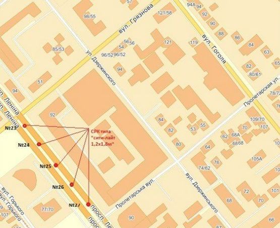 Схема рекламної площини за адресою вул. Фортечна — вул. Пролетарська Схема рекламної площини за адресою вул. Фортечна — вул. Пролетарська