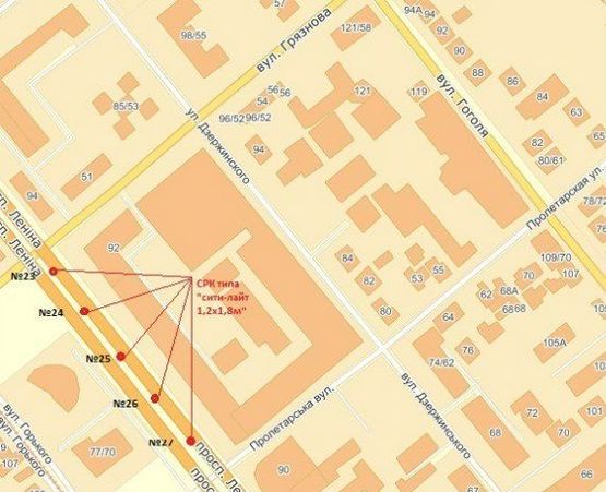 Схема рекламної площини за адресою вул. Фортечна — вул. Пролетарська Схема рекламної площини за адресою вул. Фортечна — вул. Пролетарська