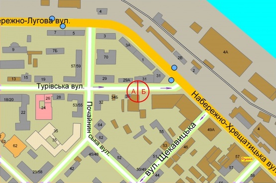 Схема рекламної площини за адресою Турівська, 36 ( 100 метрів до вул. Набережно-Хрещатицька )